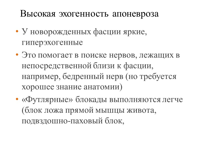 Высокая эхогенность апоневроза У новорожденных фасции яркие, гиперэхогенные Это помогает в поиске нервов, лежащих